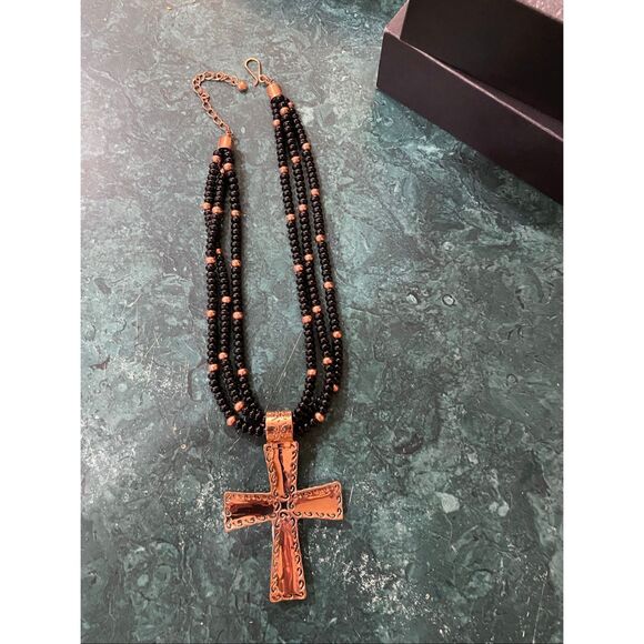Jay King Black Onyx & Copper Cross Statement Necklace New in Box - Picture 4 of 9